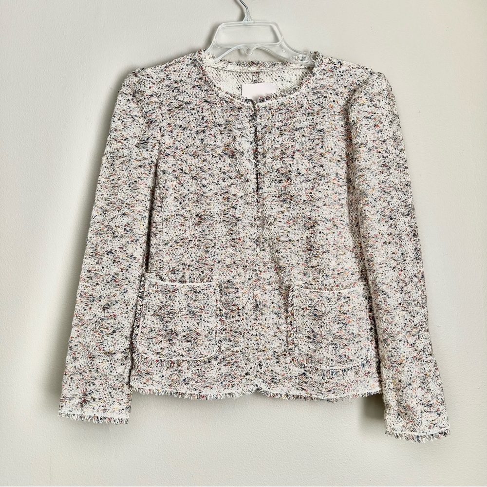 Speckled Tweed Knit Jacket Multicolor Preppy Modern Spring Classic Fringe Trim 6